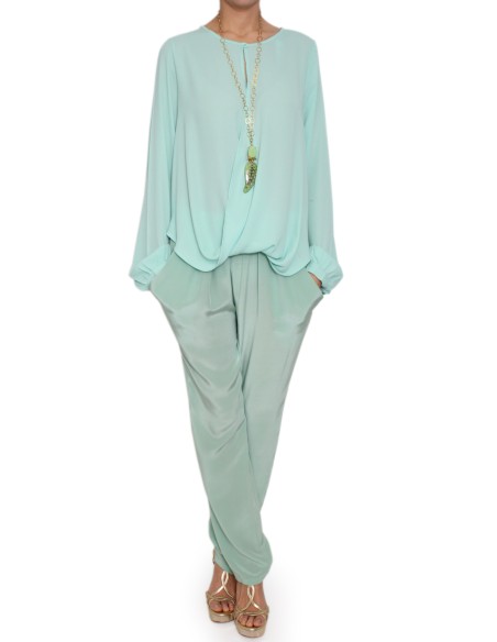 Pantalón drapeado en crepe de seda verde agua